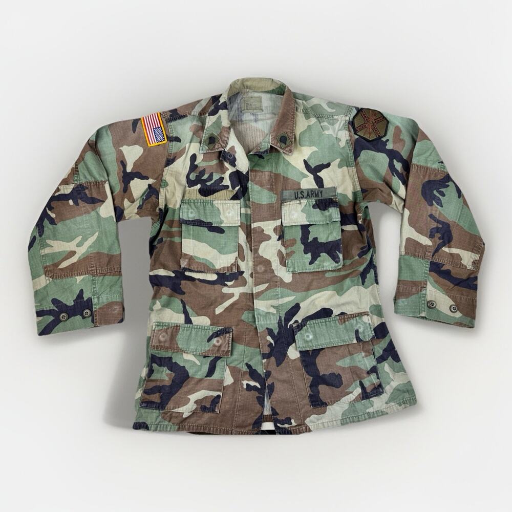 Vintage U.S. Army Woodland Camo BDU Jacket Med Long Ripstop Field Coat W/Patches